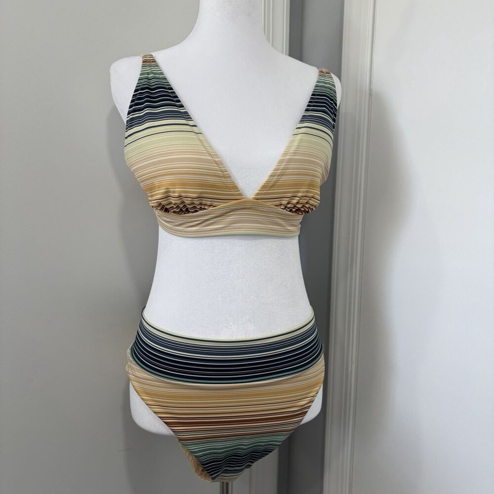 Striped Plunge Bikini Set L Large Mid Rise Swimsuit Neutrals Boho Retro Bathing